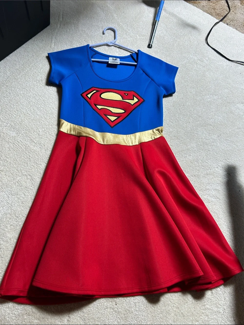Women’s Blue and Red Superhero Costume Dress with Gold Accents